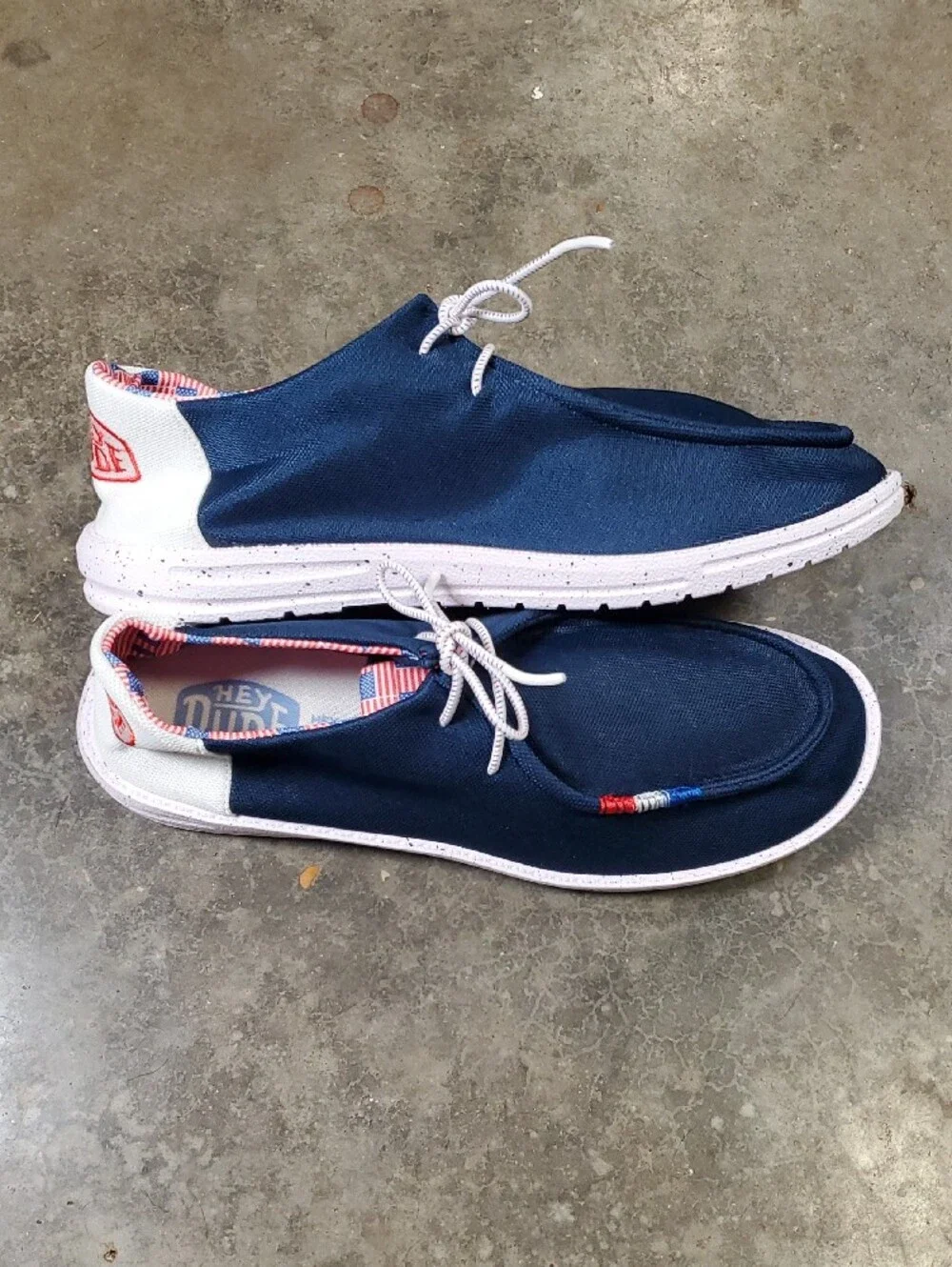 Hey Dude Men’s Wally Hey Comf Patriotic Flag Red White & Blue Boat Shoes Size 41